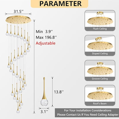 30 Light Modern Glam Crystal Chandelier for High Ceiling LED Dimmable Ceiling Pendant Light Staircase Foyer Enterway Living Room Chandelier Lighting Antique Gold