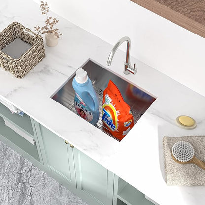 Mocoloo 23 Inch Laundry Sink - 23 x 18 Undermount Utility Sinks 16 Gauge Single Bowl Stainless Steel Utility Tub Sink 12 Inch Deep Laundry Room Sinks Under Counter Seamless Handmade Basin