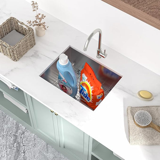Mocoloo 23 Inch Laundry Sink - 23 x 18 Undermount Utility Sinks 16 Gauge Single Bowl Stainless Steel Utility Tub Sink 12 Inch Deep Laundry Room Sinks Under Counter Seamless Handmade Basin