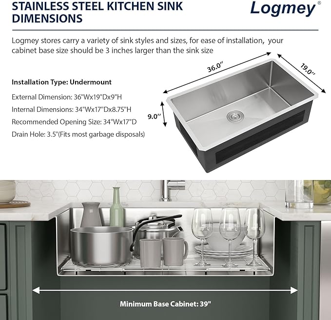 Logmey 36 Inch Undermount Kitchen Sink - 36x19 SS304 Stainless Steel Sink 16 Gauge Single Bowl Handmade Kitchen Sinks with Assembly
