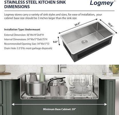 Logmey 36 Inch Undermount Kitchen Sink - 36x19 SS304 Stainless Steel Sink 16 Gauge Single Bowl Handmade Kitchen Sinks with Assembly
