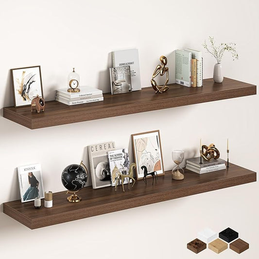 Fun Memories 72 Inch Floating Shelves, 12 Inch Deep Wall Shelf for Fireplace Mantel, Deep Storage Shelves for Home & Office, Long Floating Shelf with Invisible Bracket, Walnut, Set of 2