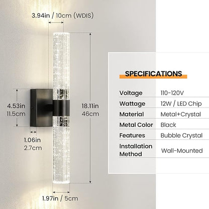 Black Modern LED Wall Sconce - 18 Inch Wall Sconces Set of Two 4000K Dimmable Crystal Sconce Wall Lighting Indoor Wall Mount Bathroom Vanity Light Fixtures for Bedroom Living Room, 12W