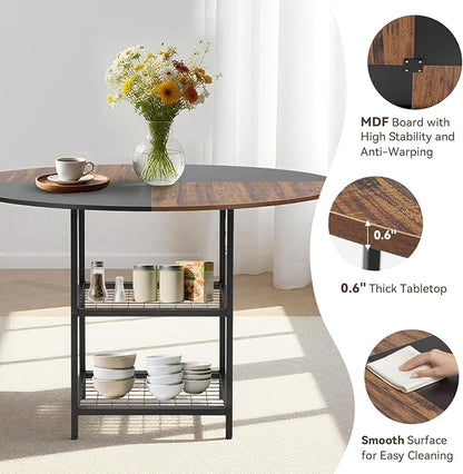 EROMMY Round Dining Table for 4, Wood Kitchen Table with Storage Shelves, Farmhouse Dinner Table for Home Dining Room Kitchen Living Room, Black Rustic Brown(Only Table)