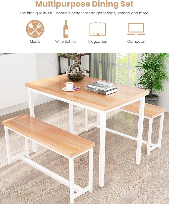 Recaceik 47” Dining Table Set for 4, 3-Piece Kitchen Table with 2 Benches, Wood Kitchen Table and Chair Set, Space-Saving Dining Room Set Dinette Set for Breakfast Nook and Small Space, Beige