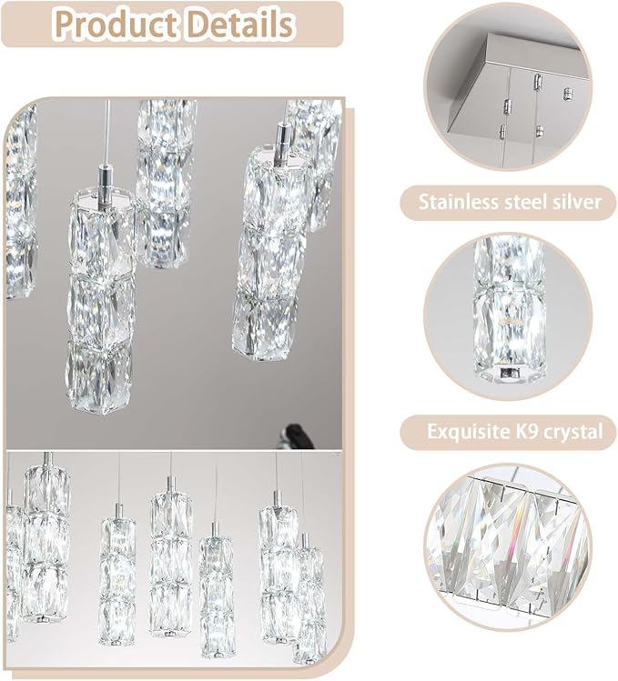 ykolupty Modern Crystal Chandelier 10-Lights Rectangle Pendant Light LED Dimmable Silver Linear Chandelier Flush Mount Crystal Pendant Light for Living Room Dining Room Foyer