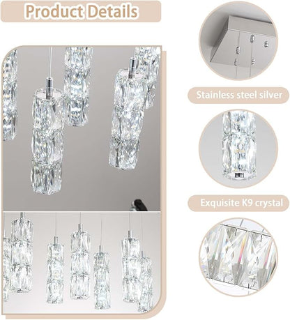 ykolupty Modern Crystal Chandelier 10-Lights Rectangle Pendant Light LED Dimmable Silver Linear Chandelier Flush Mount Crystal Pendant Light for Living Room Dining Room Foyer