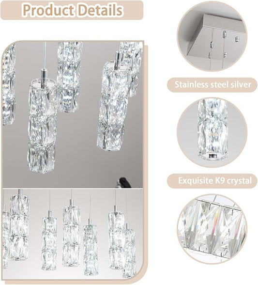 ykolupty Modern Crystal Chandelier 10-Lights Rectangle Pendant Light LED Dimmable Silver Linear Chandelier Flush Mount Crystal Pendant Light for Living Room Dining Room Foyer
