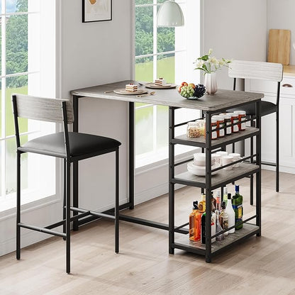 Dining Table Set, with 2 Upholstered Bar Stools, Counter Height Kitchen Table Set with 3 Large Storage Shelves, Modern Bistro Furniture, for Small Space, Apartment, Grey