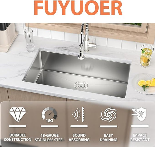 33 Inch Undermount Kitchen Sink 18 Gauge Stainless Steel Under Counter Sink Single Bowl Deep Handmade Single Bowl Kitchen Sink,33"x19"x9"