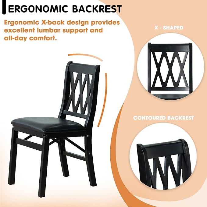 East West Furniture - PNC-BLK-49, A Plano Folding Solid Wood Dinner Chairs with PU Leather Seat, 3-X Back Design, Set of 2, Fully Assembled, Black Wood Finish