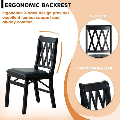 East West Furniture - PNC-BLK-49, A Plano Folding Solid Wood Dinner Chairs with PU Leather Seat, 3-X Back Design, Set of 2, Fully Assembled, Black Wood Finish