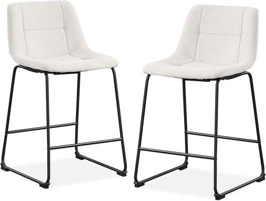 Furniture of America Veradis Modern Bentwood Counter Height Dining Chairs Set of 2, Chenille Fabric Bar Stool with Back and Metal Frame, Upholstered Seating for Kitchen, Living Room, White, 35 inch