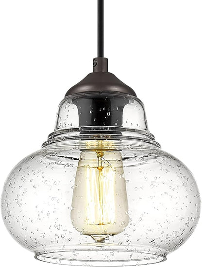ELYONA 8 Inch Pendant Light Fixtures Seeded Bubble Glass Hanging Light Industrial Pendant Lighting for Kitchen Island Farmhouse Bar Bathroom Dining Room Oil Rubbed Bronze Finish