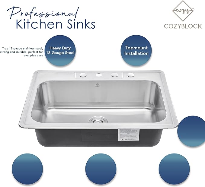 33 x 22 x 9 Inch Top-mount/Drop-in Stainless Steel Single Bowl Kitchen Sink with Strainer and Dishrack - 18 Gauge Stainless Steel-1 Faucet Hole