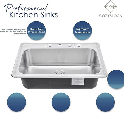 33 x 22 x 9 Inch Top-mount/Drop-in Stainless Steel Single Bowl Kitchen Sink with Strainer and Dishrack - 18 Gauge Stainless Steel-1 Faucet Hole