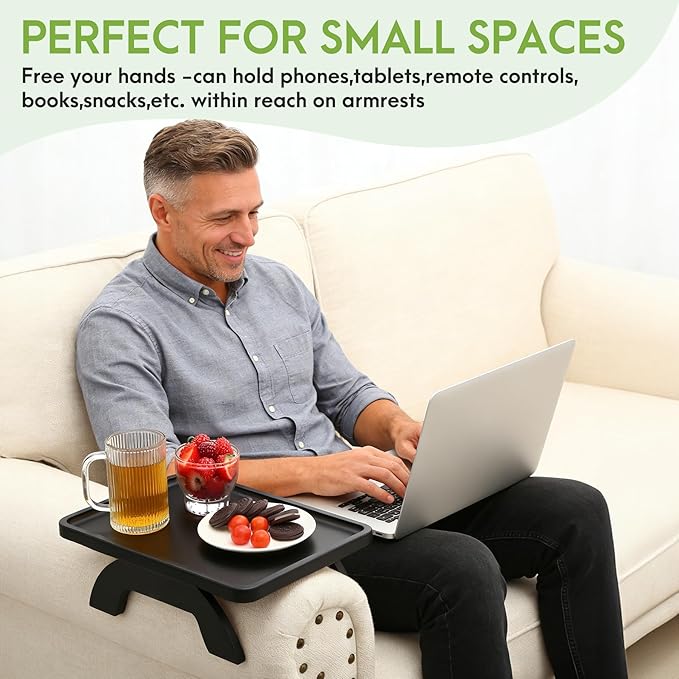 SINWANT Couch Arm Table,Bamboo Couch Arm Tray for Armrest,13.78" Sofa Clip on Tray Table for Home Living Room Snack & Drink Remote