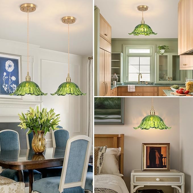 Battery Operated Pendant Light,Green Chandelier 2500mAh RGB Light Bulb 11in Vintage Light Fixtures with Remote Control Wireless Adjustable Rechargeable Chandelier for Kitchen Island Hallway 1Light