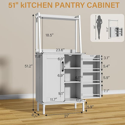 51” Pantry Cabinets with Adjustable Shelves, Small Kitchen Pantry Storage Cabinet with Microwave Shelves, Freestanding Buffet Cupboards Sideboard for Kitchen, Dining Room, Living Room Use (White)