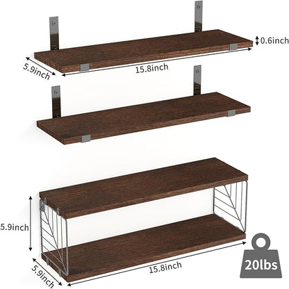 Fixwal Bathroom Floating Shelves Over Toilet, 15.8in Farmhouse Rustic Wood Shelves, Wall Decor for Bathroom, Living Room, Bedroom and Kitchen (3 Plus 1 Tier Dark Brown)