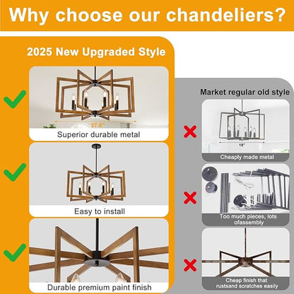 27.6" Chandelier for Dining Room, 8-Light Wood Grain Farmhouse Dining Room Light Fixture Over Table, Industrial Hanging Pendant Lights Fixture for Kitchen Island, Living Room, Foyer, Entryway