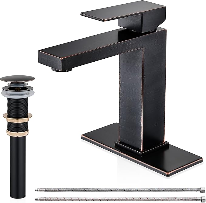 AVSIILE Oil Rubbed Bronze Bathroom Faucet, Single Hole Vanity Bath Faucet, Single Handle Modern Stainless Steel Bathroom Faucets for Sink 1 Hole with Pop Up Drain Stopper & Water Supply Hoses