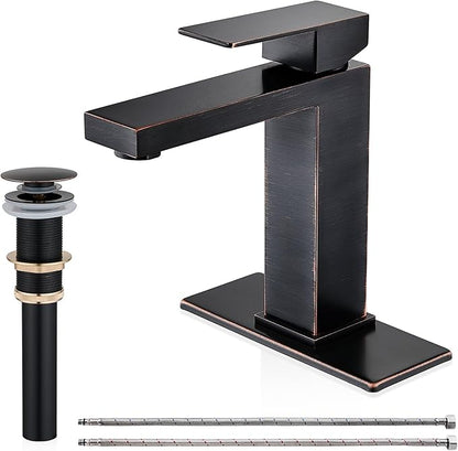 AVSIILE Oil Rubbed Bronze Bathroom Faucet, Single Hole Vanity Bath Faucet, Single Handle Modern Stainless Steel Bathroom Faucets for Sink 1 Hole with Pop Up Drain Stopper & Water Supply Hoses
