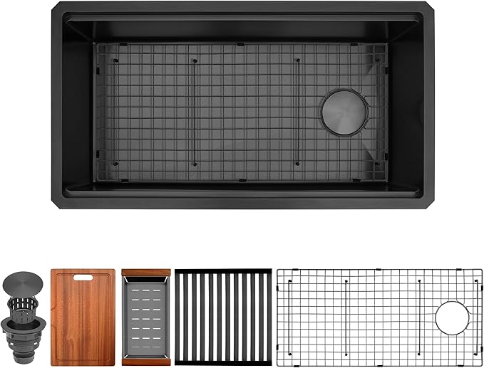Kitsitchen Black Undermount Kitchen Sink 28-Inch, 16 Gauge Stainless Steel Workstation Kitchen Sink with Accessories,Single Bowl Handmade Kitchen Sinks,Round Corner & Offset Drain Design(28" X 18")