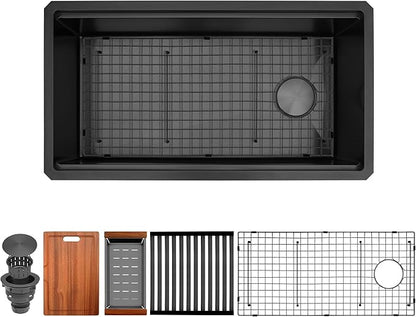 Kitsitchen Black Undermount Kitchen Sink 28-Inch, 16 Gauge Stainless Steel Workstation Kitchen Sink with Accessories,Single Bowl Handmade Kitchen Sinks,Round Corner & Offset Drain Design(28" X 18")