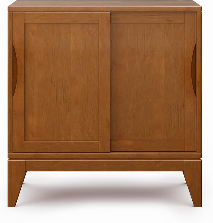 SIMPLIHOME Harper Storage Cabinet - 30 inch Wide Solid Hardwood 2-Shelf Low Console Cabinet in Teak Brown, Mid-Century Modern Cupboard for Living Room with Sliding Doors and Adjustable Shelves