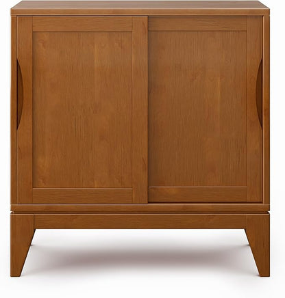 SIMPLIHOME Harper Storage Cabinet - 30 inch Wide Solid Hardwood 2-Shelf Low Console Cabinet in Teak Brown, Mid-Century Modern Cupboard for Living Room with Sliding Doors and Adjustable Shelves