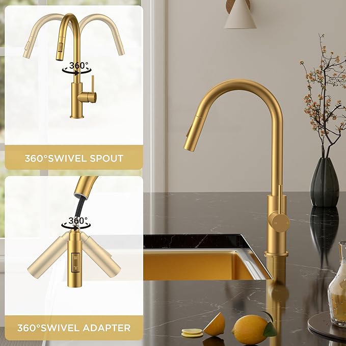 FORIOUS Gold Kitchen Faucet with Pull Down Sprayer, Brushed Brass High Arc Gooseneck Modern Sink Faucet with CUPC Ceramic Cartridge, Single Handle Stainless Steel and Deck Plate