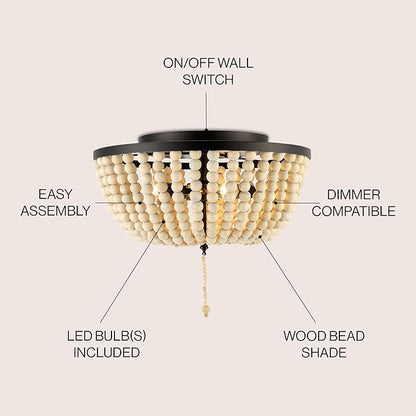 JONATHAN Y 15" Oil Rubbed Bronze/Cream Allison 3-Light LED Flush Mount Ceiling Light for Bedroom, Wood Beaded Shade Shabby Chic Farmhouse Rustic Decor, LED Bulbs Included (JYL9019B)