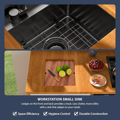 15 Inch Outdoor Undermount Bar Sink With Faucet and Cover - Beslend 15x18x9 Undermount Kitchen Sink Workstation 16 Gauge Stainless Steel Single Bowl Sinks Under Counter Indoor Outdoor Black