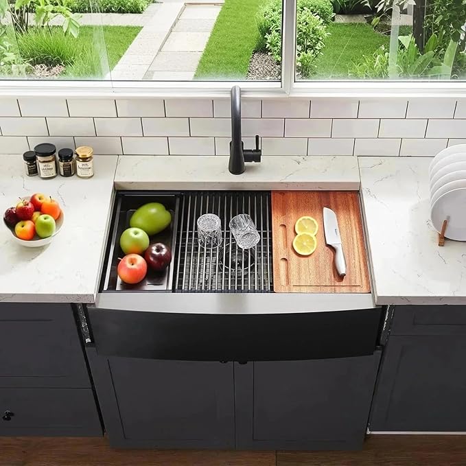 Friho Black Farmhouse Sink, 33 Inch Farmhouse Kitchen Sink Workstation 16 Gauge Stainless Steel 9 Inch Deep Single Bowl Farm Sink with Accessories