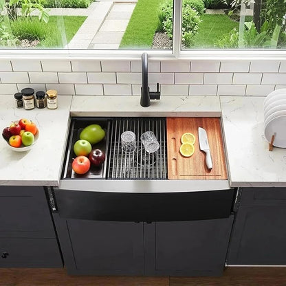 Friho Black Farmhouse Sink, 33 Inch Farmhouse Kitchen Sink Workstation 16 Gauge Stainless Steel 9 Inch Deep Single Bowl Farm Sink with Accessories