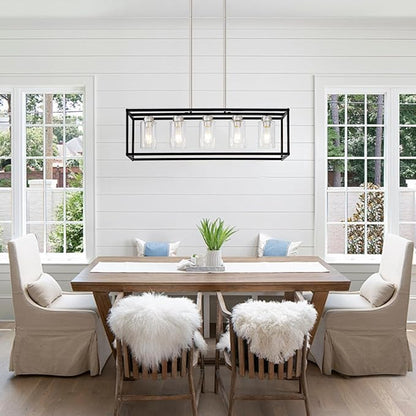5 Light Dining Room Light Fixture Modern Farmhouse Chandeliers Over Table Black & Brushed Nickel Rectangular Pendent Lighting for Kitchen with Glass Shade Hanging Industrial Ceiling Light