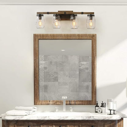LNC Rustic Bathroom Light Fixtures Farmhouse Vanity Lighting with Mason Jar Glass, Wooden Finished, 29 inches, Brown, 4-Light , White