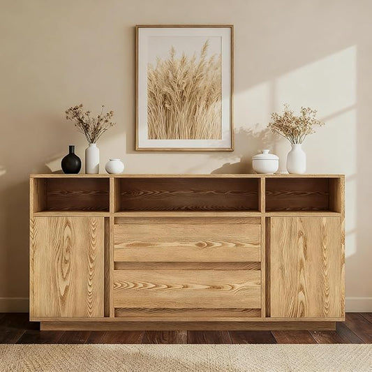 COMHOMA Sideboard Buffet Cabinet with Storage, Modern Wood Versatile Coffee Bar Console Table for Living Room Kitchen, Dining Room, Hallway, Wood Grain