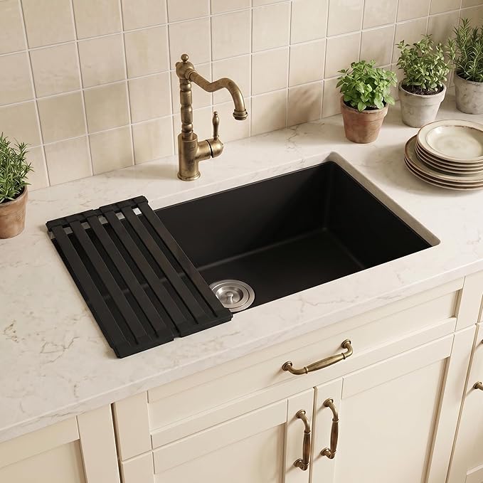 MILOSEN Black Kitchen Sink 28×18×9 Inch, Undermount/Drop In Granite Composite Quartz Single Bowl Sink, Large Deep Kitchen Sink with Custom Accessories