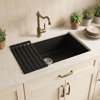 MILOSEN Black Kitchen Sink 28×18×9 Inch, Undermount/Drop In Granite Composite Quartz Single Bowl Sink, Large Deep Kitchen Sink with Custom Accessories