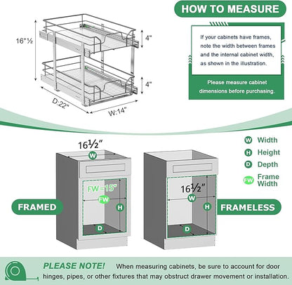 2-Tier Pull Out Cabinet Organizer (14" W x 22" D), Soft Close Cabinet Slide Out Shelves, Heavy Duty Slide Out Drawers with Shelf Liner for Kitchen Cabinets, Pantry Storage, Bathroom