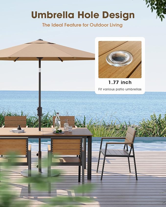 Outdoor Dining Table, Aluminum Patio HDPS Outdooor Table with Umbrella Hole, All Weather Patio Furniture Set, Patio Dining Table (Gray & Teak)