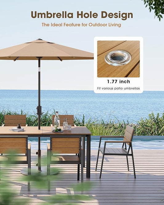 Outdoor Dining Table, Aluminum Patio HDPS Outdooor Table with Umbrella Hole, All Weather Patio Furniture Set, Patio Dining Table (Gray & Teak)