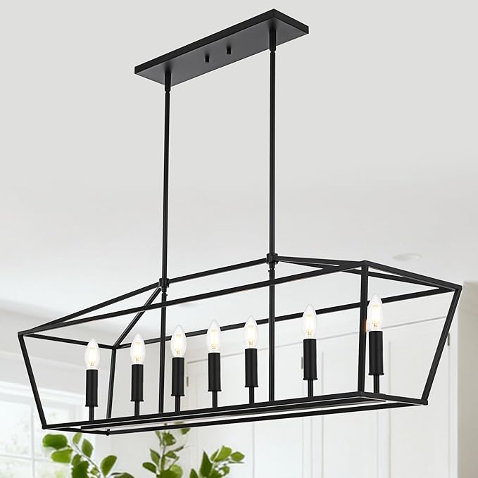 VINLUZ 7 Light E12 Dining Room Lighting Fixtures Hanging Farmhouse Chandelier in Matte Black Finish Modern Pendant Lighting Adjustable Height for Bedroom Living Room Hallway