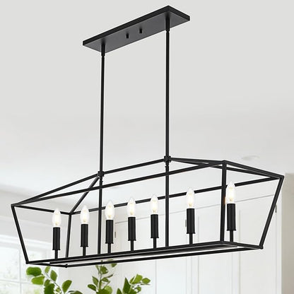VINLUZ 7 Light E12 Dining Room Lighting Fixtures Hanging Farmhouse Chandelier in Matte Black Finish Modern Pendant Lighting Adjustable Height for Bedroom Living Room Hallway