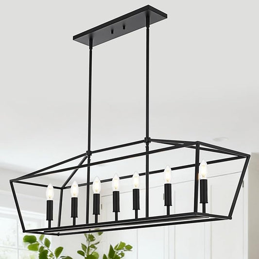 VINLUZ 7 Light E12 Dining Room Lighting Fixtures Hanging Farmhouse Chandelier in Matte Black Finish Modern Pendant Lighting Adjustable Height for Bedroom Living Room Hallway
