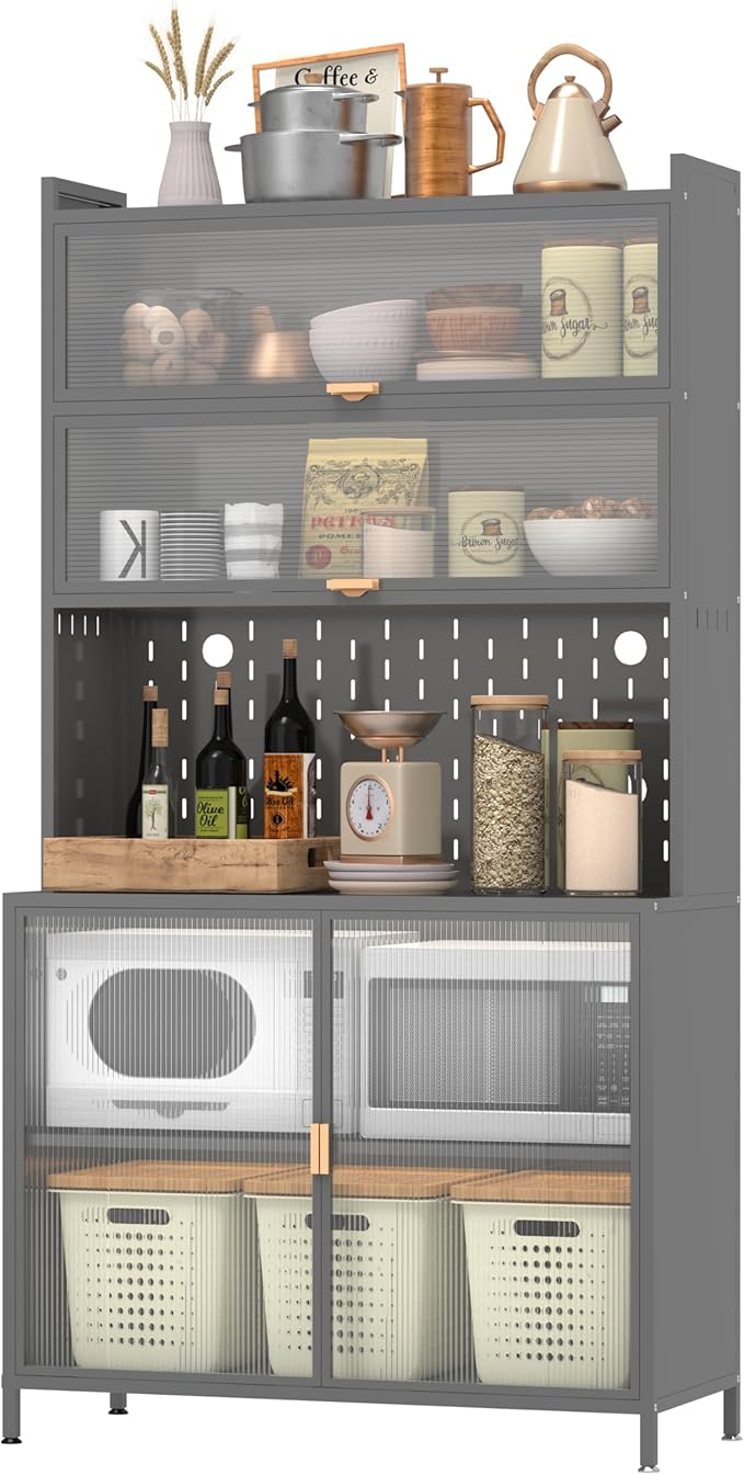 73" Pantry Cabinet,Metal Pantry Storage Cabinet，White Kitchen Hutch with Microwave Shelf & 6 Acrylic Panels Door Adjustable Shelves,Anti-Tip Design Hutch for Dining Room, Living Room