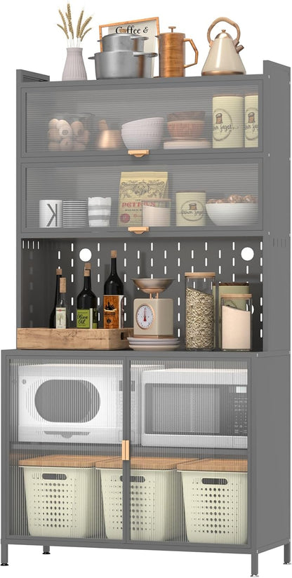 73" Pantry Cabinet,Metal Pantry Storage Cabinet，White Kitchen Hutch with Microwave Shelf & 6 Acrylic Panels Door Adjustable Shelves,Anti-Tip Design Hutch for Dining Room, Living Room