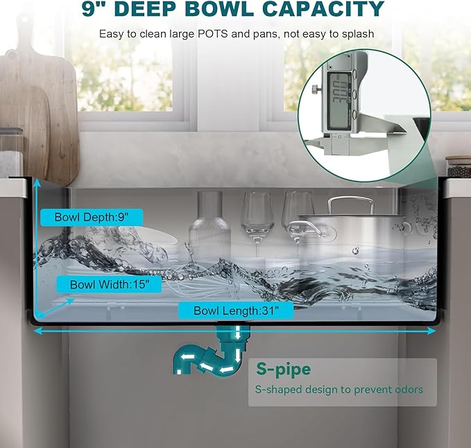33 Inch Drop In Kitchen Sink, 16 Gauge Stainless Steel Kitchen Sink Single Bowl Sinks with Drain Strainer (33"x19"x9")